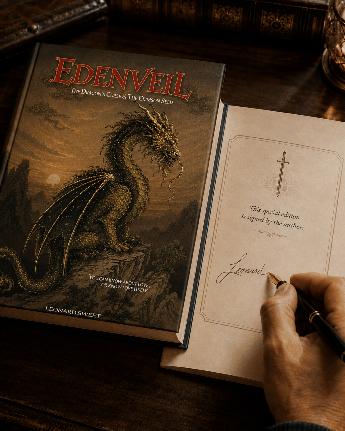 Signing a copy of Edenveil