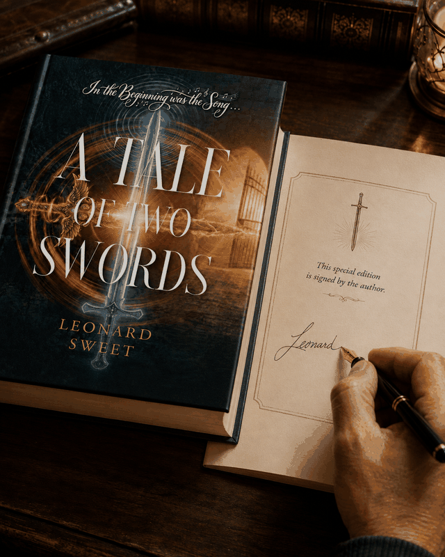 Leonard I. Sweet signing a copy of A Tale of Two Swords